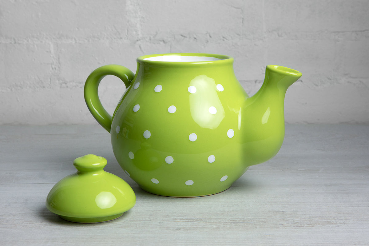Lime Green And White Polka Dot Spotty Large Handmade Hand Painted Ceramic Teapot with Handle 60 oz / 1.7 l