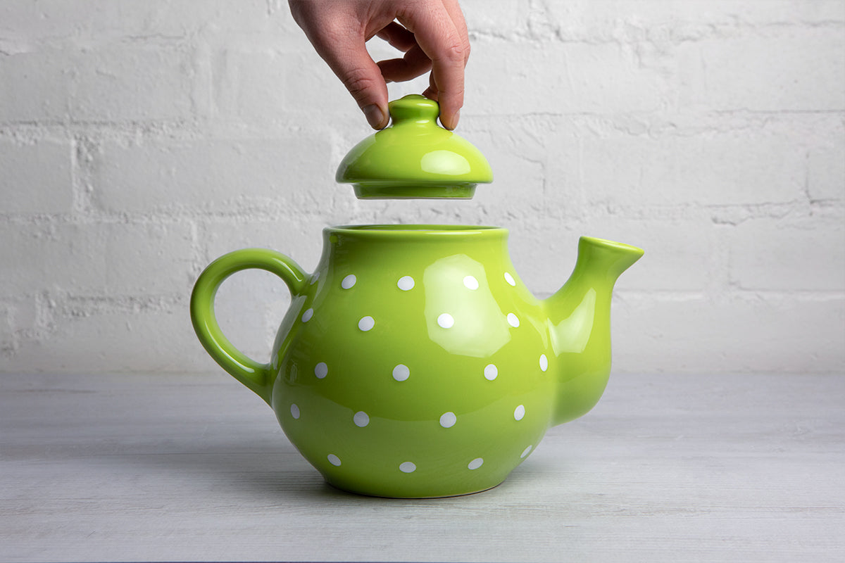 Lime Green And White Polka Dot Spotty Large Handmade Hand Painted Ceramic Teapot with Handle 60 oz / 1.7 l