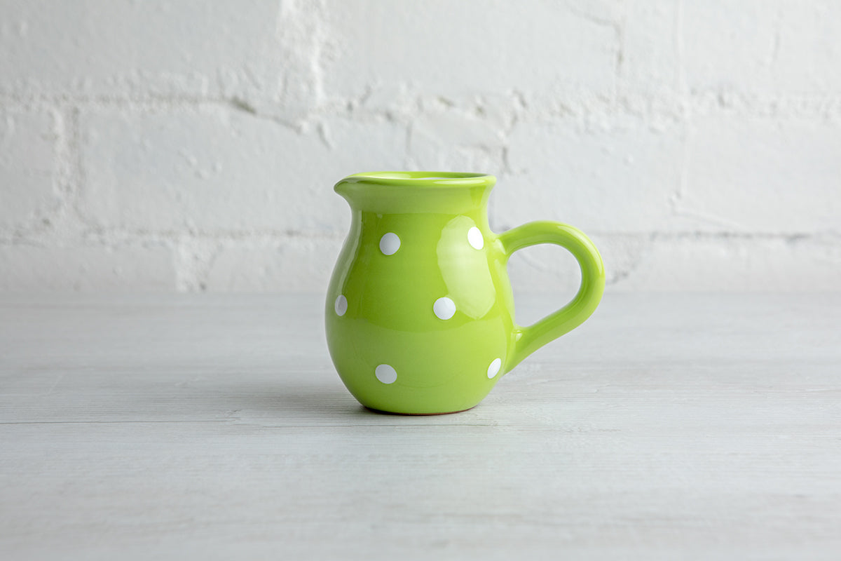 Lime Green And White Polka Dot Spotty Handmade Hand Painted Ceramic Milk Jug