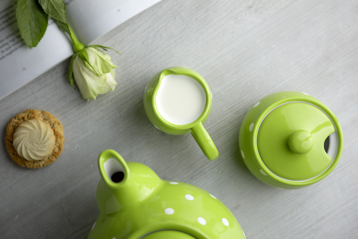 Lime Green And White Polka Dot Spotty Handmade Hand Painted Ceramic Milk Jug