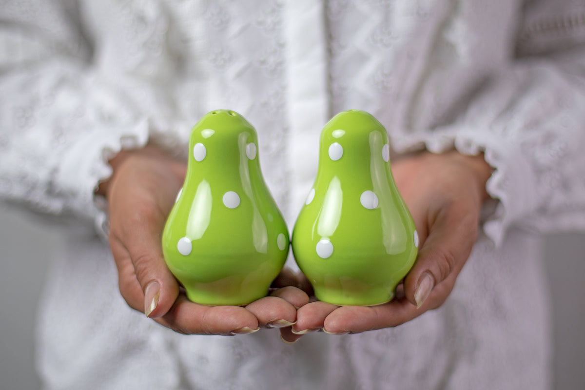 Lime Green and White Polka Dot Spotty Handmade Hand Painted Ceramic Salt and Pepper Shaker Pot
