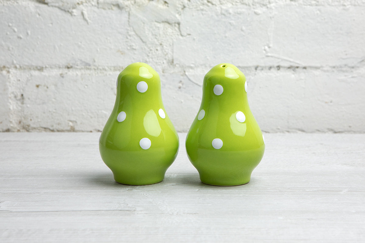 Lime Green and White Polka Dot Spotty Handmade Hand Painted Ceramic Salt and Pepper Shaker Pot