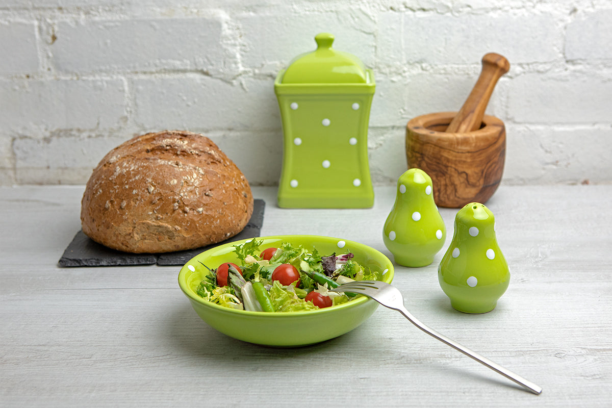 Lime Green and White Polka Dot Spotty Handmade Hand Painted Ceramic Salt and Pepper Shaker Pot