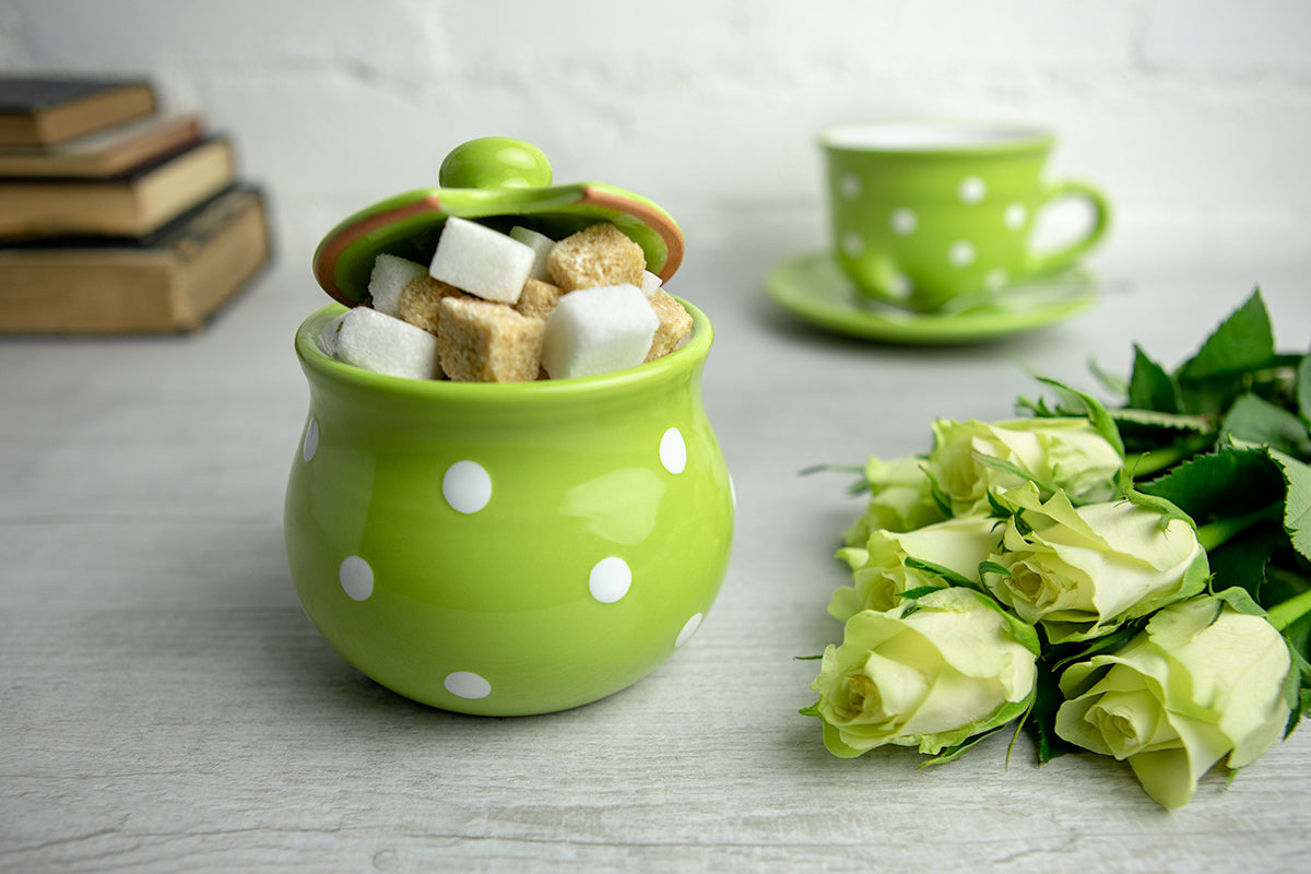 City to Cottage Ceramic Sugar Bowl with Lid, 10oz Sugar Contanier for Coffee Bar, Sugar Dispenser Bowl, Salt - Condiment Pot for Kitchen Counter, Handcrafted Pistachio Green Polka Dot Sugar Jar