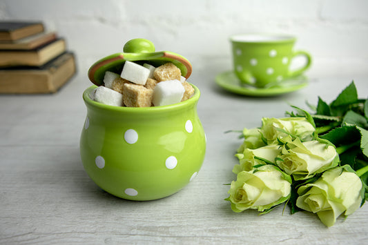 Lime Green And White Polka Dot Spotty Handmade Hand Painted Ceramic Sugar Bowl With Lid