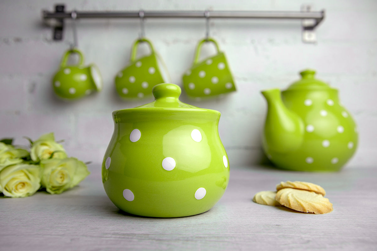 City to Cottage Ceramic Sugar Bowl with Lid, 10oz Sugar Contanier for Coffee Bar, Sugar Dispenser Bowl, Salt - Condiment Pot for Kitchen Counter, Handcrafted Pistachio Green Polka Dot Sugar Jar