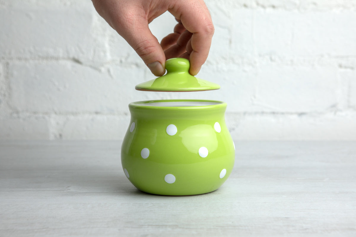City to Cottage Ceramic Sugar Bowl with Lid, 10oz Sugar Contanier for Coffee Bar, Sugar Dispenser Bowl, Salt - Condiment Pot for Kitchen Counter, Handcrafted Pistachio Green Polka Dot Sugar Jar