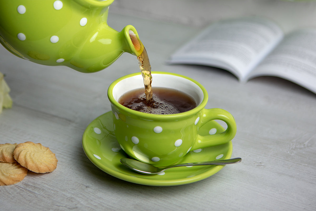 Lime Green and White Polka Dot Pottery Handmade Hand Painted Ceramic Teapot Milk Jug Sugar Bowl Set With Two Cups and Saucers