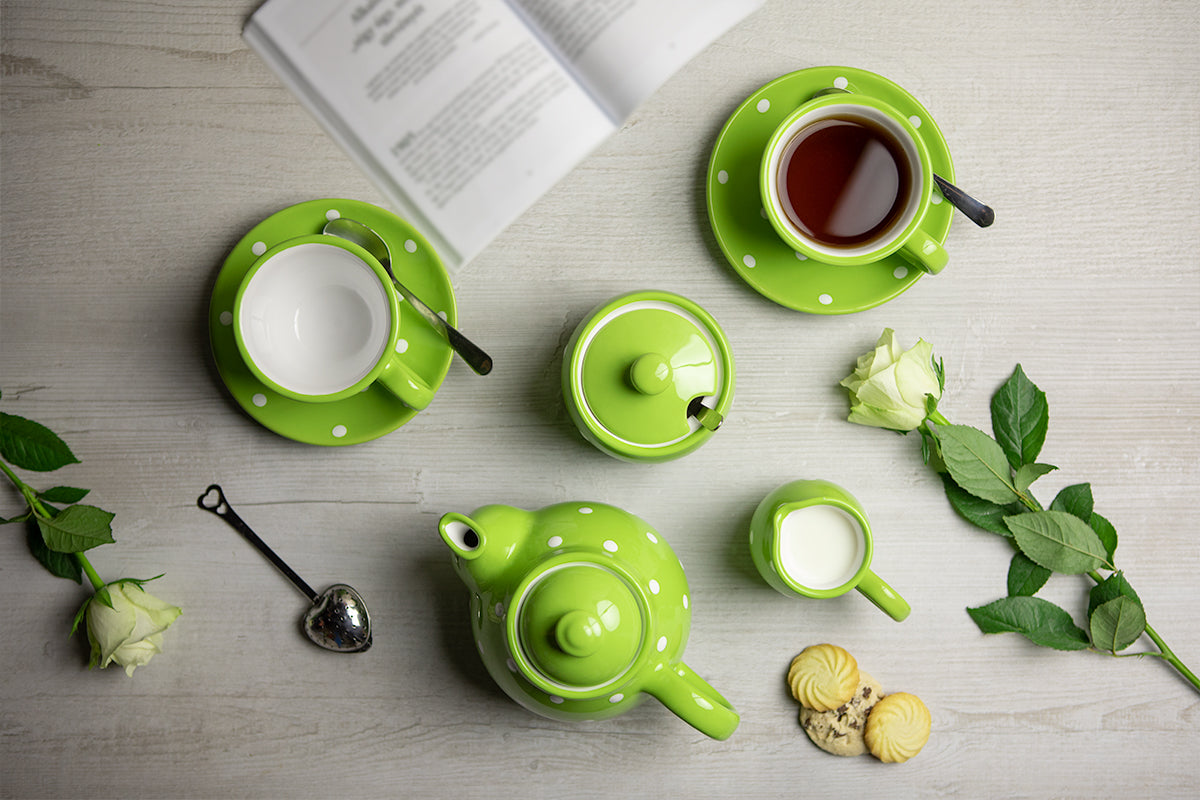 Lime Green and White Polka Dot Pottery Handmade Hand Painted Ceramic Teapot Milk Jug Sugar Bowl Set With Two Cups and Saucers