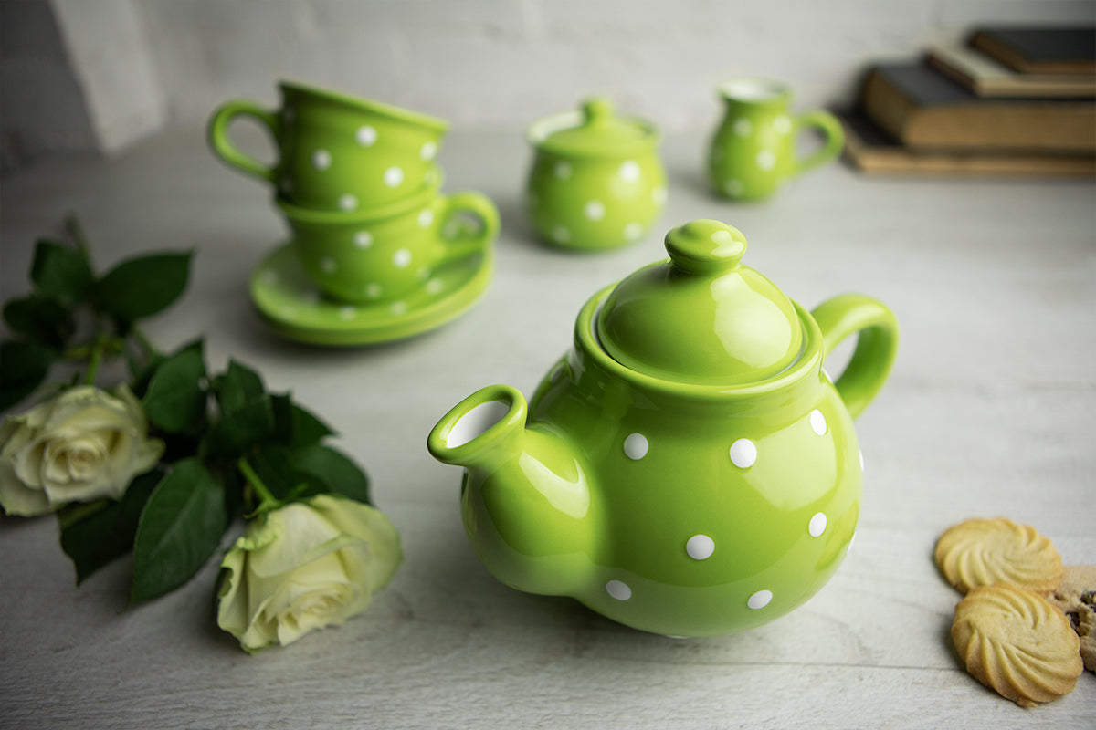Lime Green and White Polka Dot Pottery Handmade Hand Painted Ceramic Teapot Milk Jug Sugar Bowl Set With Two Cups and Saucers