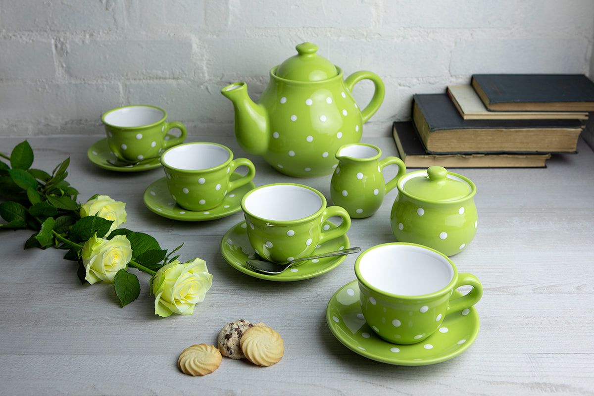 Lime Green and White Polka Dot Spotty Handmade Hand Painted Ceramic Large Teapot Milk Jug Sugar Bowl Set With 4 Cups and Saucers