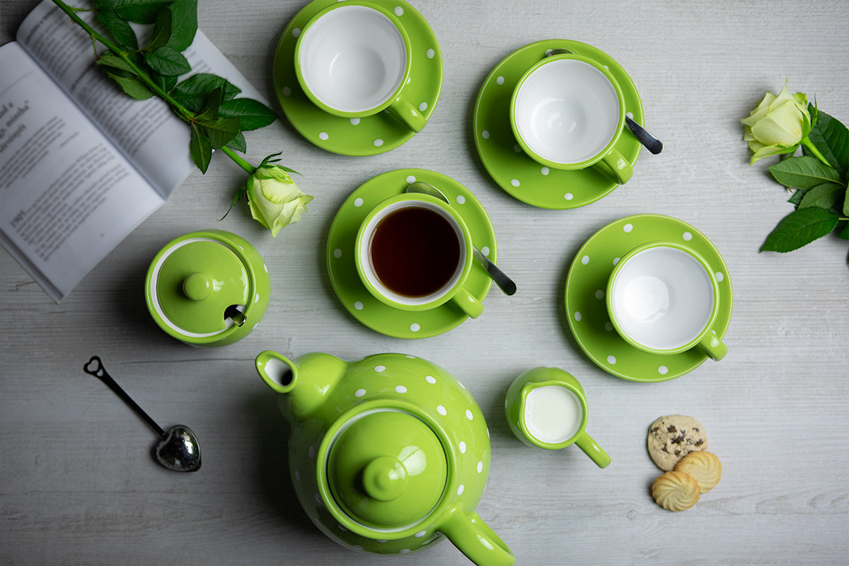 Lime Green and White Polka Dot Spotty Handmade Hand Painted Ceramic Large Teapot Milk Jug Sugar Bowl Set With 4 Cups and Saucers