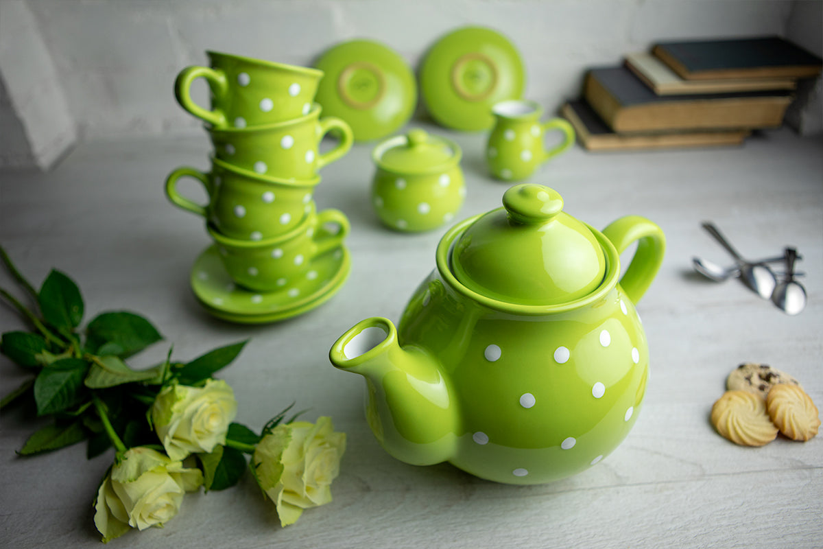 Lime Green and White Polka Dot Spotty Handmade Hand Painted Ceramic Large Teapot Milk Jug Sugar Bowl Set With 4 Cups and Saucers