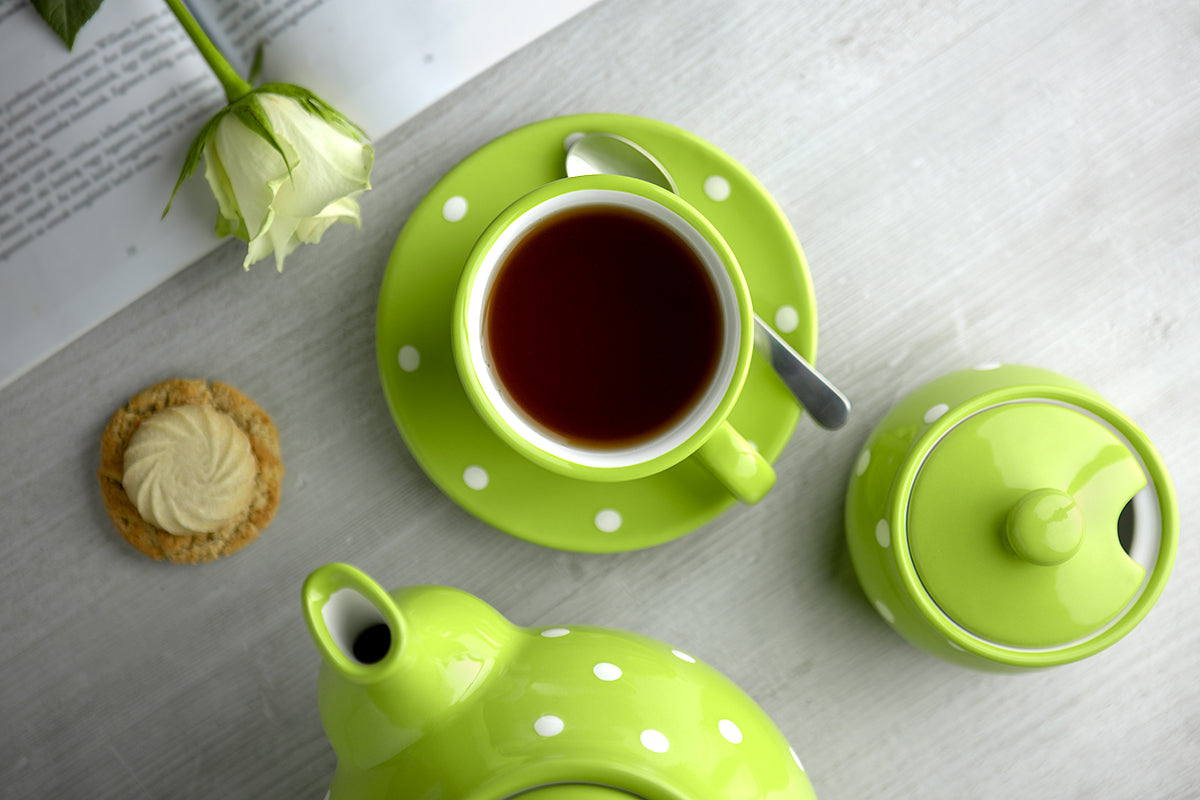 Lime Green and White Polka Dot Spotty Handmade Hand Painted Ceramic Large Teapot Milk Jug Sugar Bowl Set With 4 Cups and Saucers