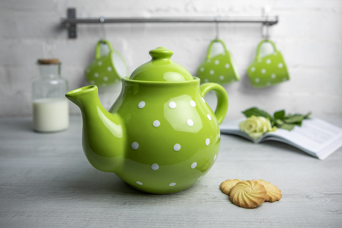 Lime Green and White Polka Dot Spotty Handmade Hand Painted Ceramic Large Teapot Milk Jug Sugar Bowl Set With 4 Cups and Saucers