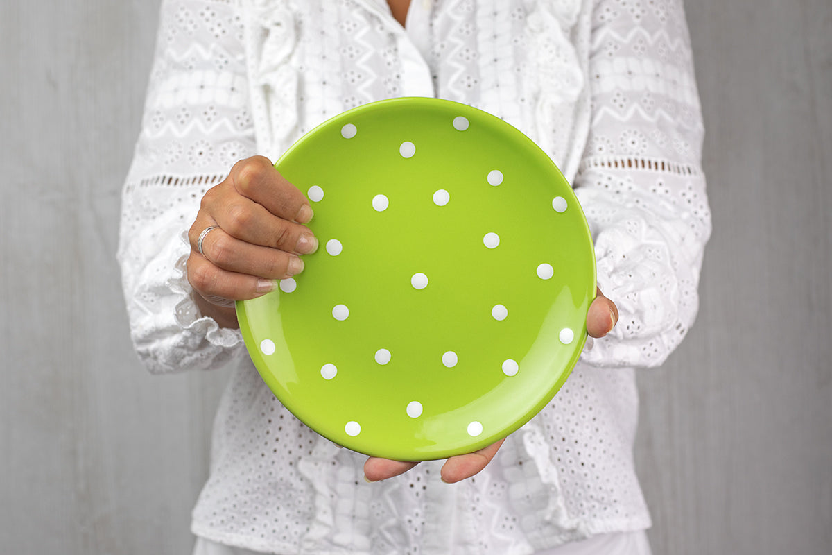 Lime Green and White Polka Dot Spotty Handmade Hand Painted Glazed Ceramic Side Dessert Plate