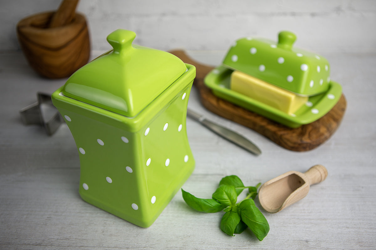 Lime Green and White Polka Dot Spotty Handmade Hand Painted Large Ceramic Kitchen Storage Jar
