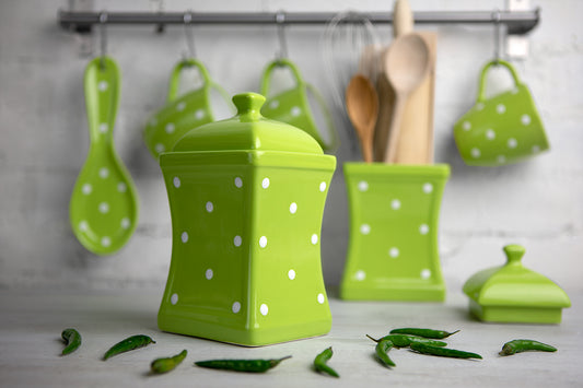 Lime Green and White Polka Dot Spotty Handmade Hand Painted Large Ceramic Kitchen Storage Jar