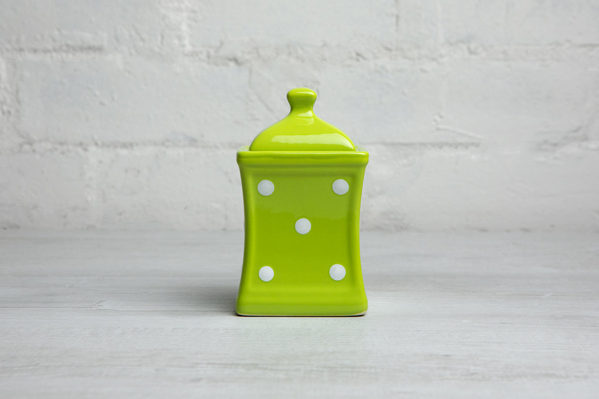 Lime Green And White Polka Dot Spotty Handmade Hand Painted Small Ceramic Kitchen Herb Spice Storage Jar with Lid