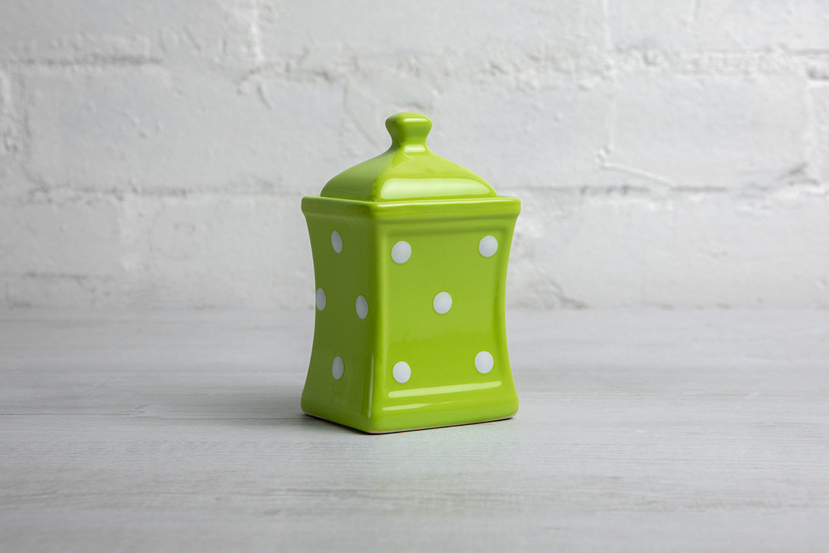 Lime Green And White Polka Dot Spotty Handmade Hand Painted Small Ceramic Kitchen Herb Spice Storage Jar with Lid