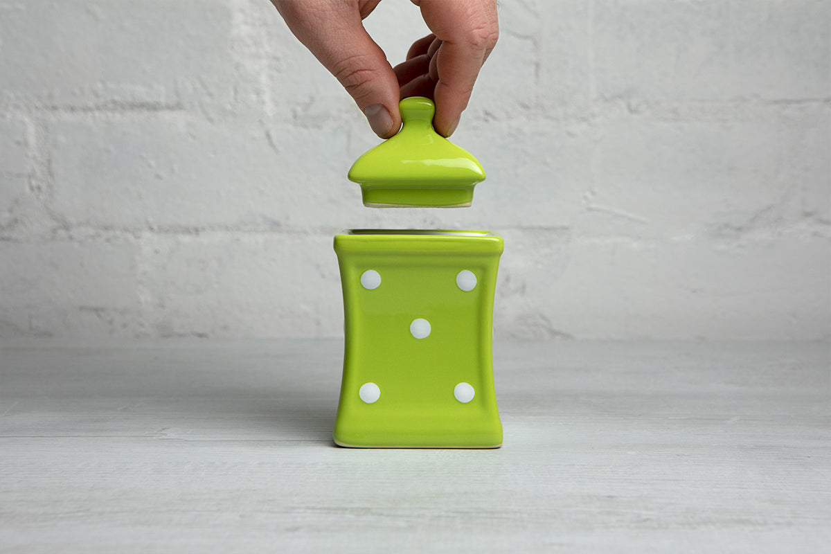 Lime Green And White Polka Dot Spotty Handmade Hand Painted Small Ceramic Kitchen Herb Spice Storage Jar with Lid