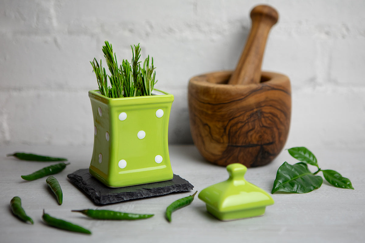 Lime Green And White Polka Dot Spotty Handmade Hand Painted Small Ceramic Kitchen Herb Spice Storage Jar with Lid