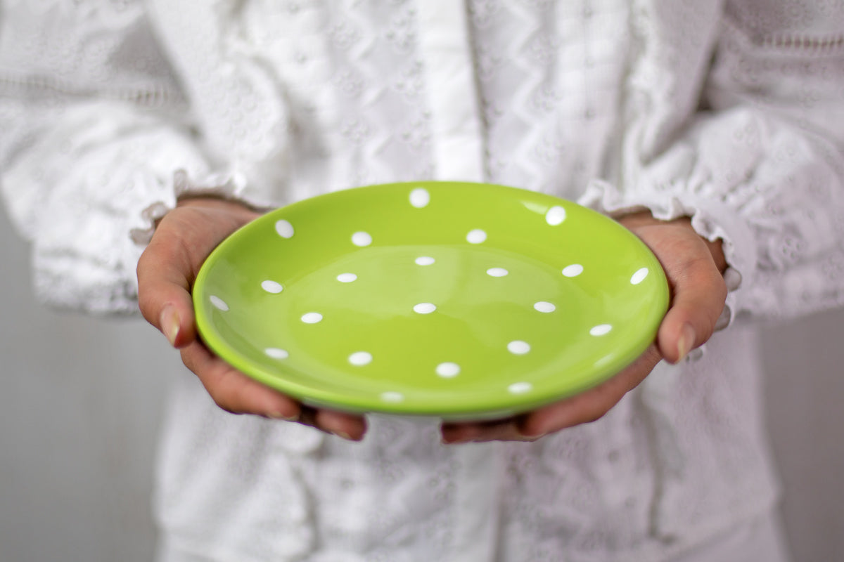 Lime Green and White Polka Dot Spotty Handmade Hand Painted Ceramic 12 piece Dinnerware Service for 4