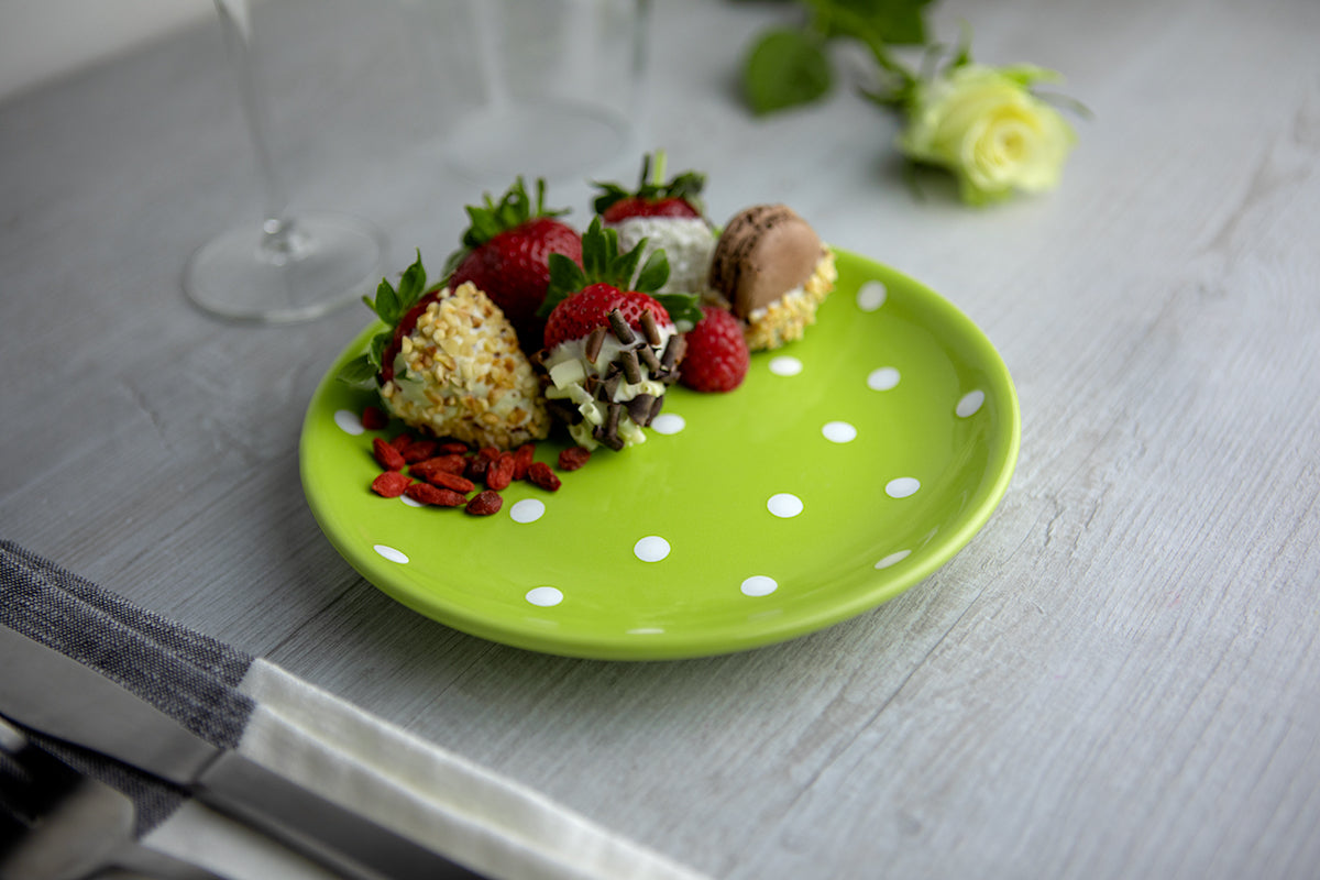 Lime Green and White Polka Dot Spotty Handmade Hand Painted Ceramic 12 piece Dinnerware Service for 4
