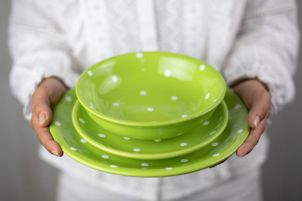 Lime Green and White Polka Dot Spotty Handmade Hand Painted Ceramic 12 piece Dinnerware Service for 4
