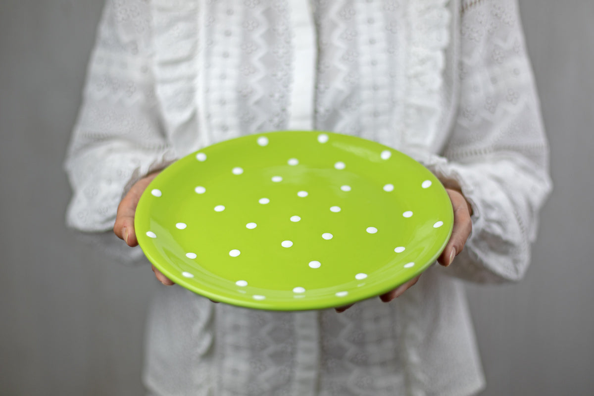 Lime Green and White Polka Dot Spotty Handmade Hand Painted Ceramic 12 piece Dinnerware Service for 4