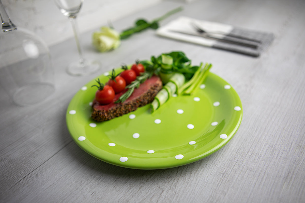 Lime Green and White Polka Dot Spotty Handmade Hand Painted Ceramic 12 piece Dinnerware Service for 4