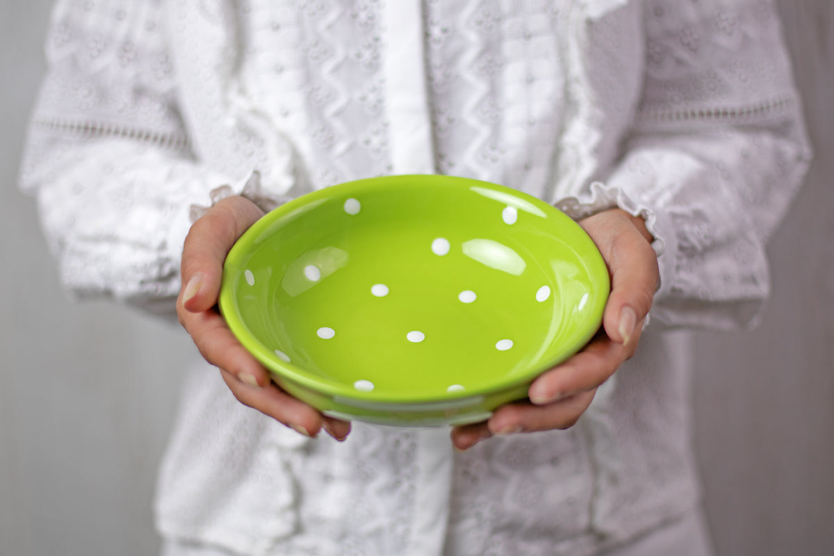 Lime Green and White Polka Dot Spotty Handmade Hand Painted Ceramic 12 piece Dinnerware Service for 4