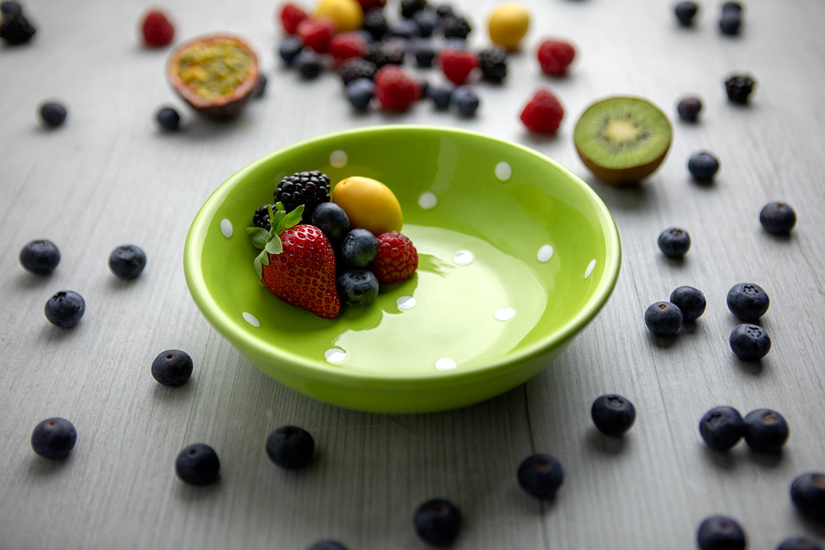 Lime Green and White Polka Dot Spotty Handmade Hand Painted Ceramic 12 piece Dinnerware Service for 4