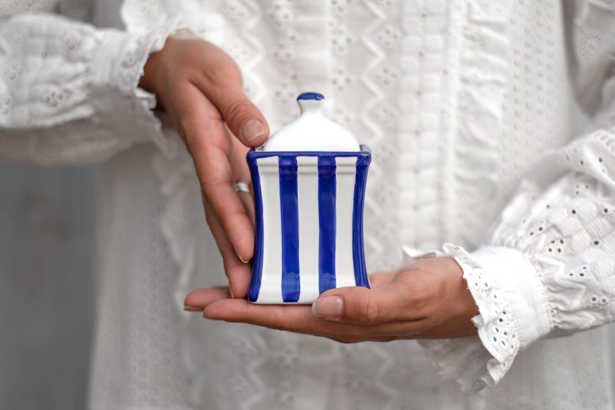 Dark Navy Blue Striped Handmade Hand Painted Ceramic Kitchen Serving Storage Set of 10