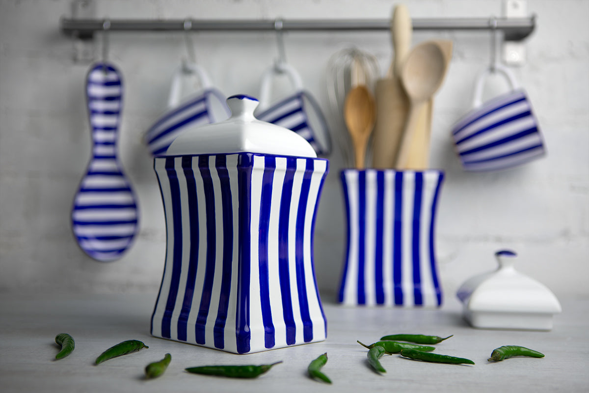 Dark Navy Blue Striped Handmade Hand Painted Ceramic Kitchen Serving Storage Set of 10