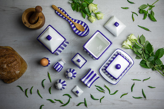 Dark Navy Blue Striped Handmade Hand Painted Ceramic Kitchen Serving Storage Set of 10