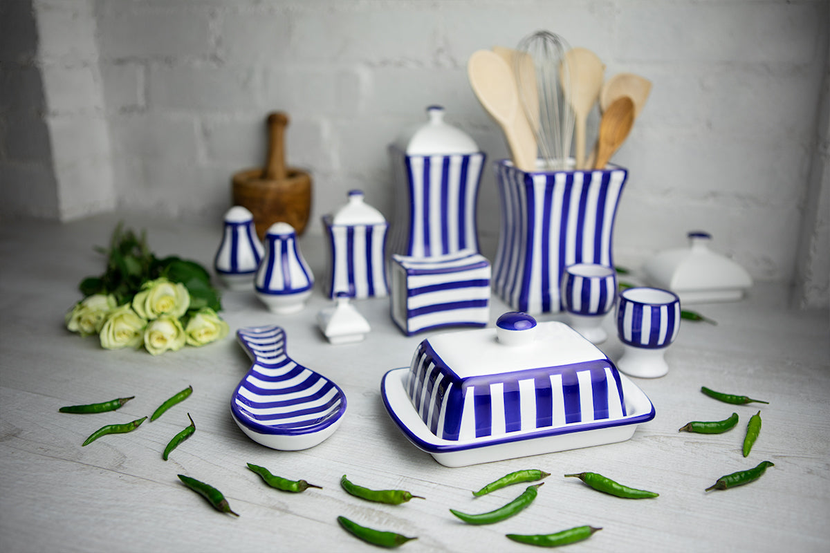 Dark Navy Blue Striped Handmade Hand Painted Ceramic Kitchen Serving Storage Set of 10