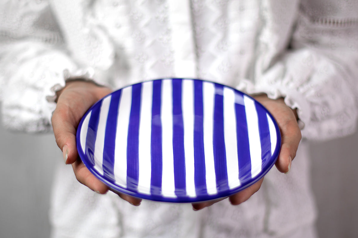 Dark Navy Blue Striped Handmade Hand Painted Glazed Ceramic Side Dessert Plate