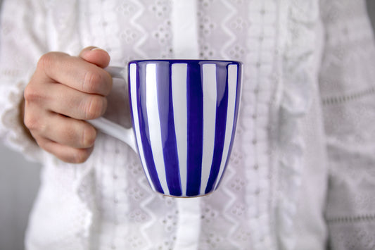 Dark Navy Blue Striped Designer Handmade Hand Painted Unique Ceramic 10oz-300ml Coffee Tea Mug with Large Handle