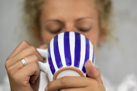 Dark Navy Blue Striped Designer Handmade Hand Painted Unique Ceramic 10oz-300ml Coffee Tea Mug with Large Handle