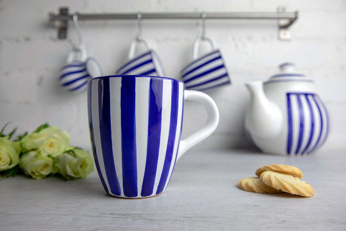 Dark Navy Blue Striped Designer Handmade Hand Painted Unique Ceramic 10oz-300ml Coffee Tea Mug with Large Handle