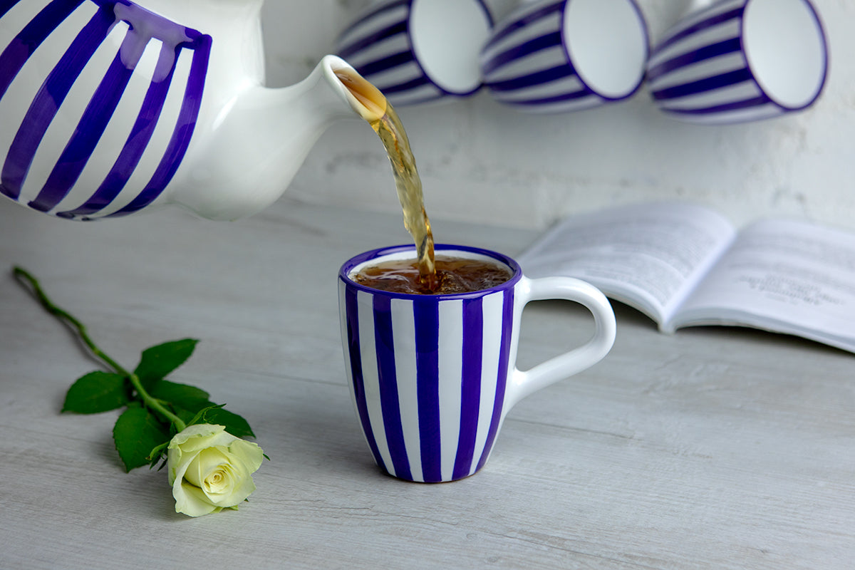 Dark Navy Blue Striped Designer Handmade Hand Painted Unique Ceramic 10oz-300ml Coffee Tea Mug with Large Handle