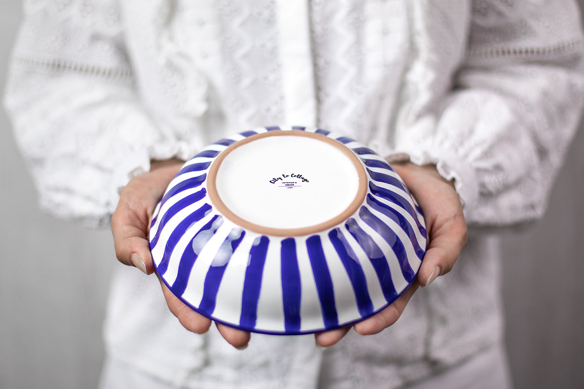 Dark Navy Blue Striped Handmade Hand Painted Ceramic 12 piece Dinnerware Service for 4