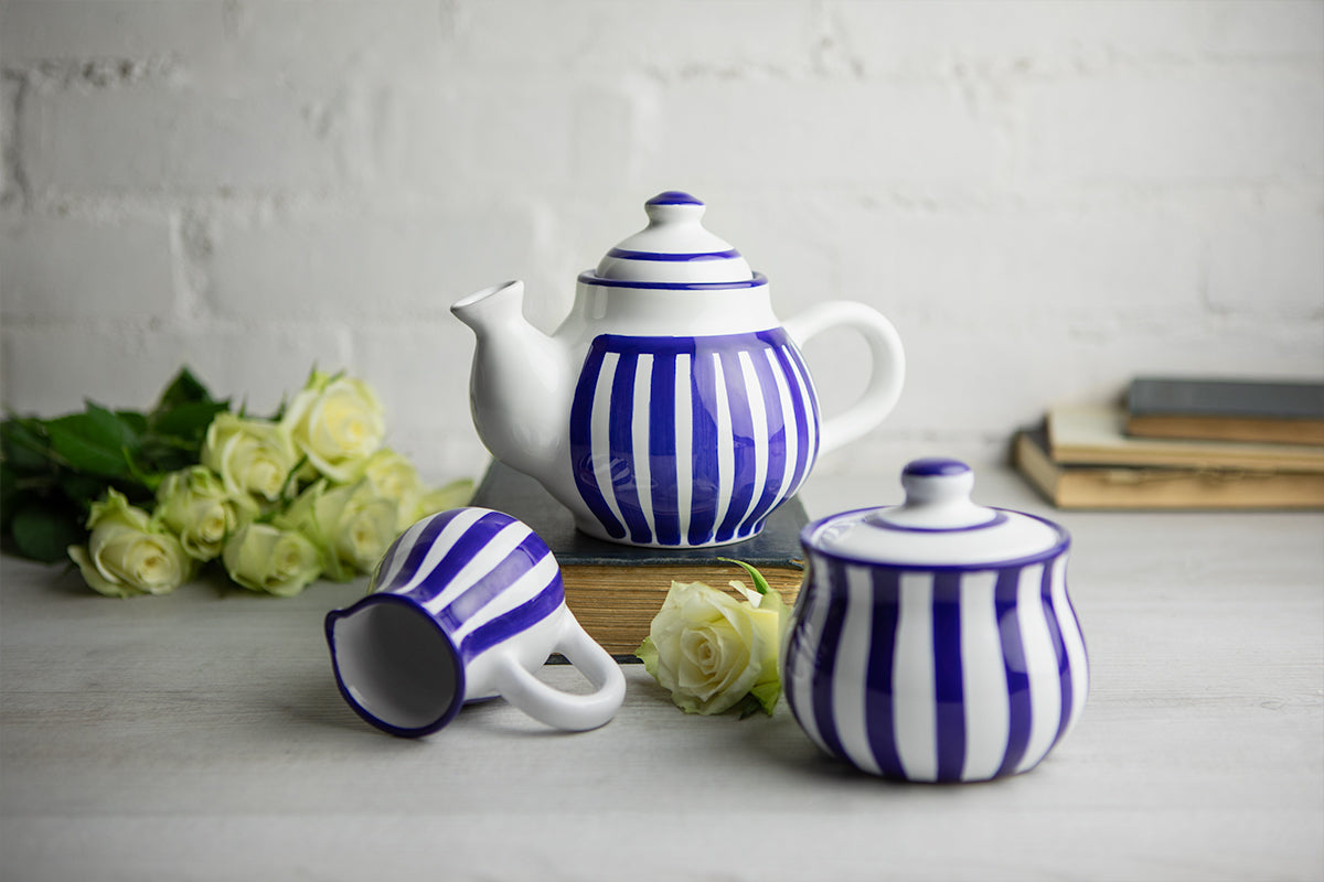 Dark Navy Blue Stripe Pottery Handmade Hand Painted Ceramic Teapot Milk Jug Sugar Bowl Set