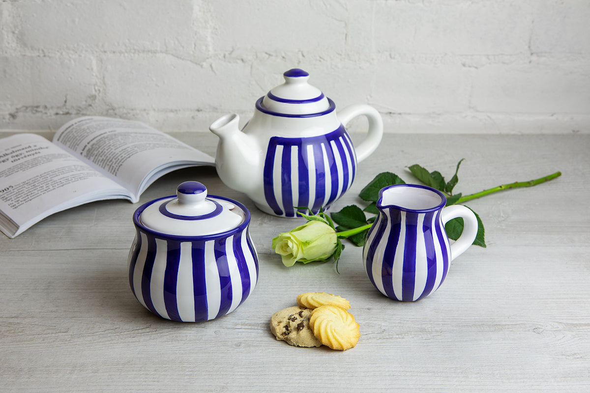 Dark Navy Blue Stripe Pottery Handmade Hand Painted Ceramic Teapot Milk Jug Sugar Bowl Set
