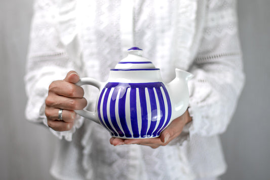 Dark Navy Blue Stripe Pottery Handmade Hand Painted Ceramic 2-3 Cup Teapot 26 oz / 750ml