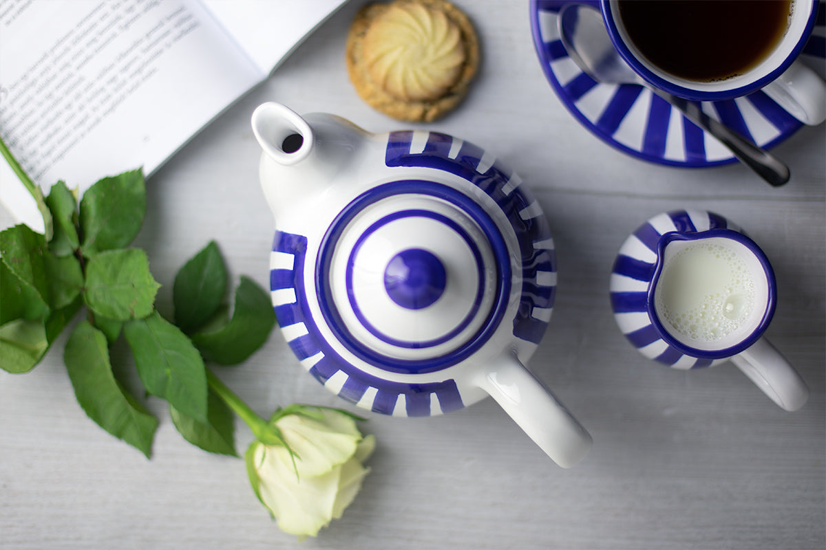 Dark Navy Blue Stripe Pottery Handmade Hand Painted Ceramic 2-3 Cup Teapot 26 oz / 750ml