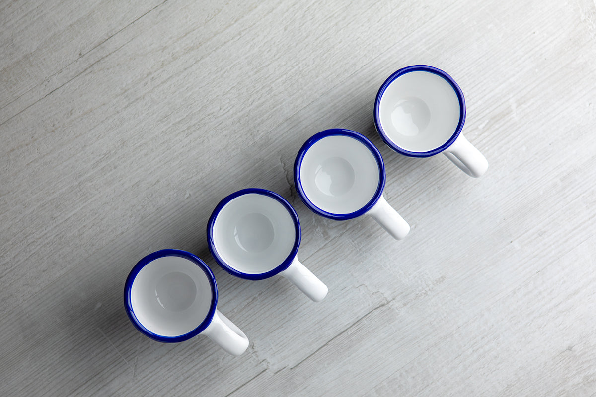 Dark Navy Blue Striped Designer Handmade Hand Painted Unique Ceramic 2oz-60ml Espresso Coffee Cup Set of 4