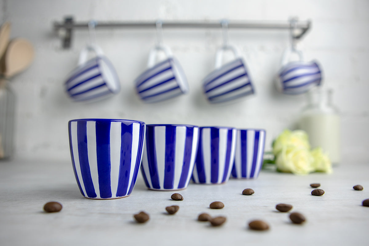 Dark Navy Blue Striped Designer Handmade Hand Painted Unique Ceramic 2oz-60ml Espresso Coffee Cup Set of 4