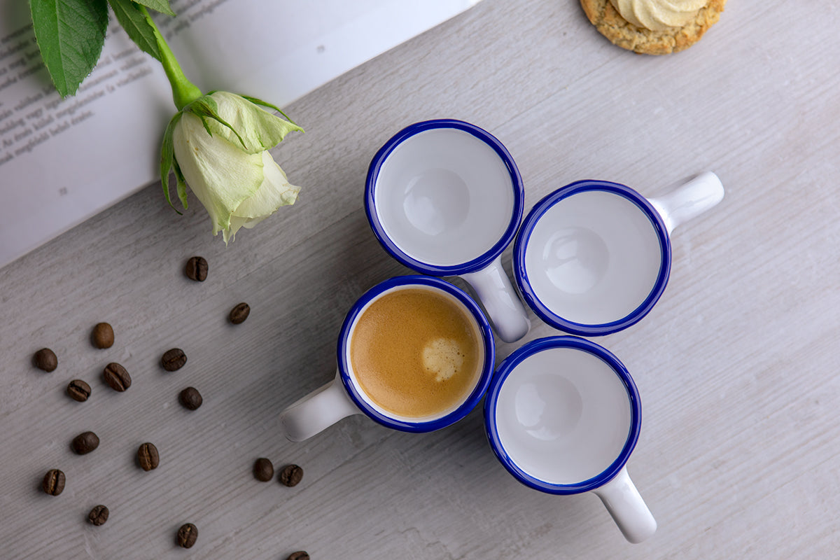 Dark Navy Blue Striped Designer Handmade Hand Painted Unique Ceramic 2oz-60ml Espresso Coffee Cup Set of 4